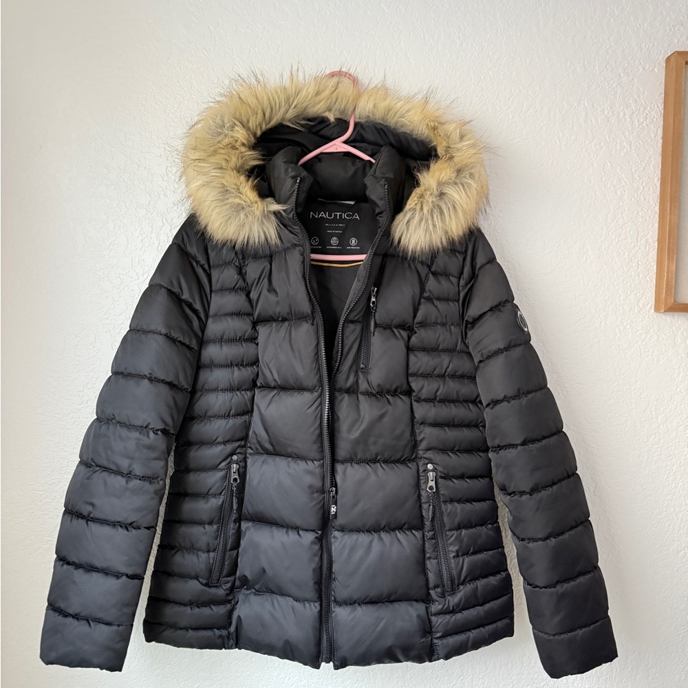 Nautica Women's Black Puffer Coat with Fur Trim
